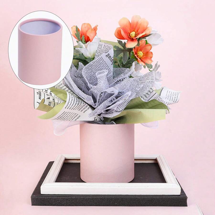 Caja Redonda De Arreglo Floral, Pequeño Cubo De Flores Portátil, Adecuado Para Caja De Regalo, Entrega De Floristería, Envoltura De Regalo - Rosa - Ver 1