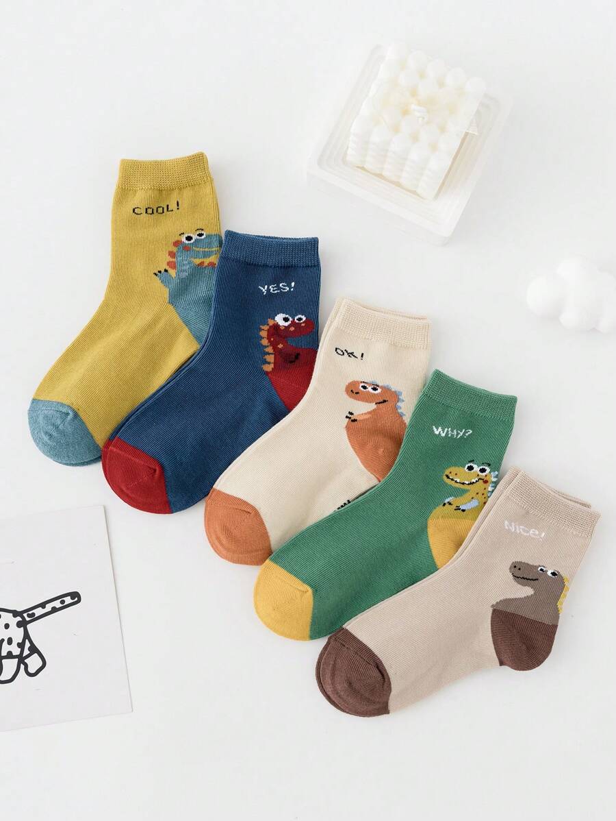 5雙嬰兒童可愛的恐龍印花時尚全搭配中筒襪,適用於日常穿著 - 彩色 - 查看 1