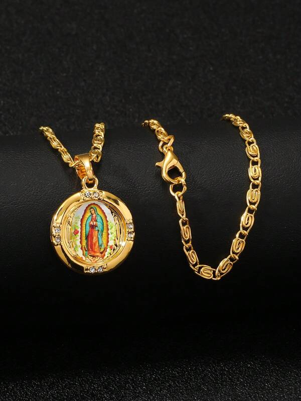 1 Pieza Collar De Colgante Redondo Con Patrón Virgen De Guadalupe De Color Dorado Para Hombres
