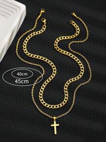 1条儿童流行时尚十字架装饰扭绳项链和1条NK链项链，男女童叠戴项链，街头风饰品，日常佩戴 - 金黃色 - 查看 3