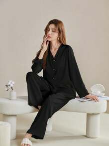 New Arrival Elegant And Simple Lace Trim Long Sleeves Long Pants Silk Pajamas Set For Women - Black - View 4