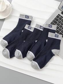 5pairs Men's Mid-calf Socks With Letters & Color Block Design For All Seasons, Daily Wear - Navy Blue - View 1