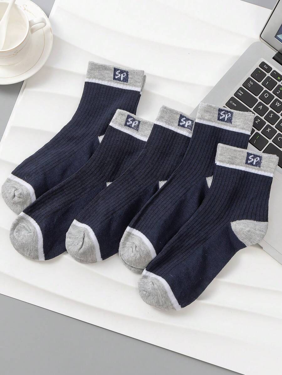 5pairs Men's Mid-calf Socks With Letters & Color Block Design For All Seasons, Daily Wear - Navy Blue - View 1