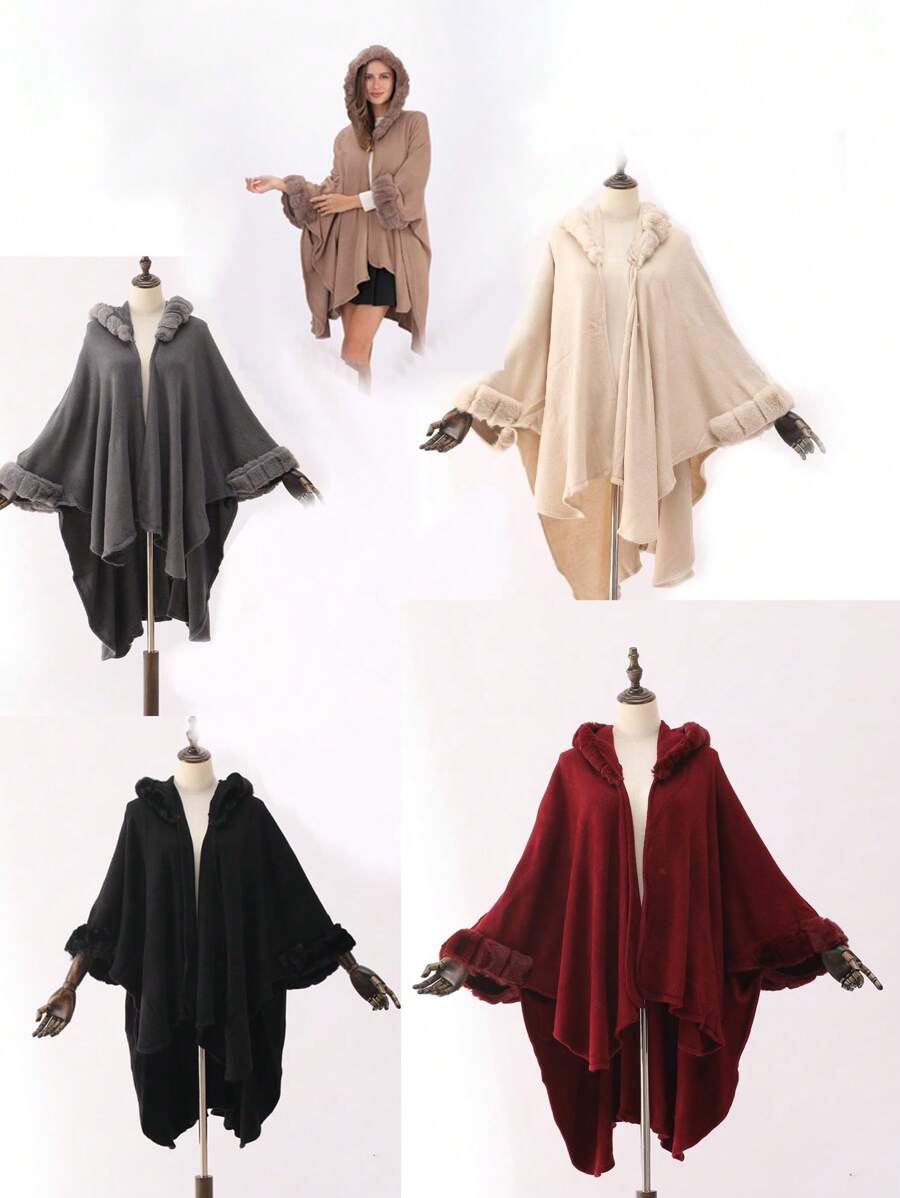 1 件女式防風連帽人造水貂毛邊斗篷披肩,多種顏色,適合派對、旅行、節日 - 酒紅色 - 查看 1