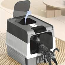1pc Portable & Foldable & Drawer Type Cat Litter Box With Spoon, Easy To Clean Pet Toilet - Grey - View 5