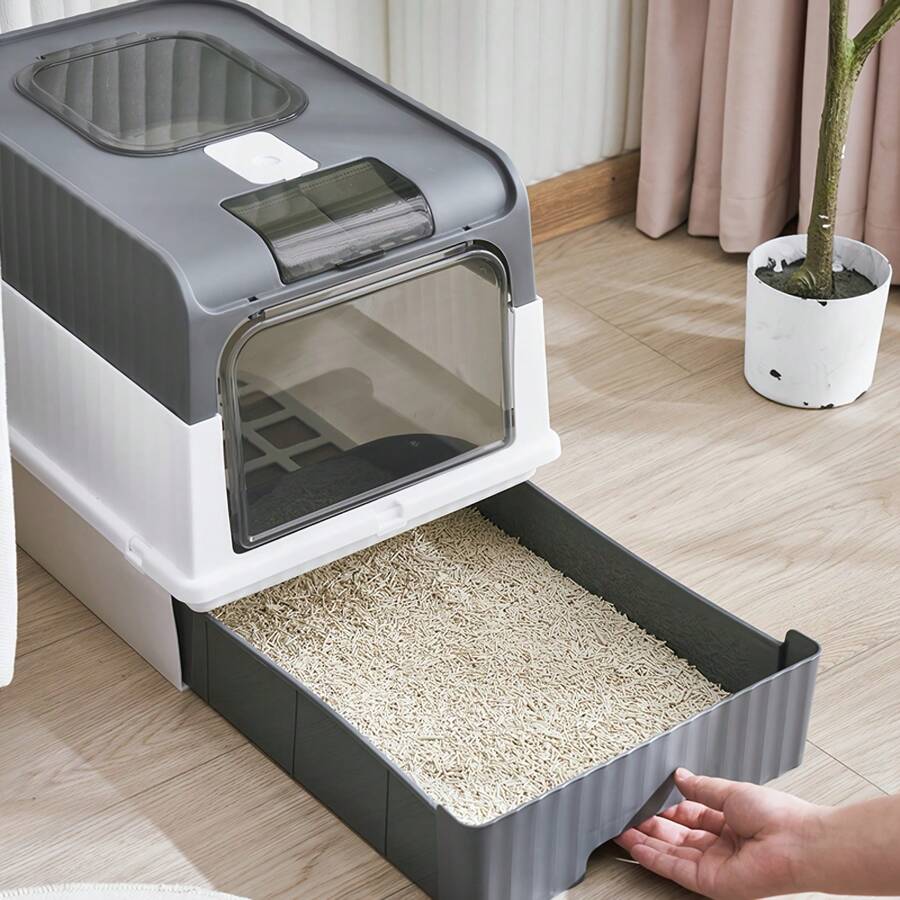 1pc Portable & Foldable & Drawer Type Cat Litter Box With Spoon, Easy To Clean Pet Toilet - Grey - View 1