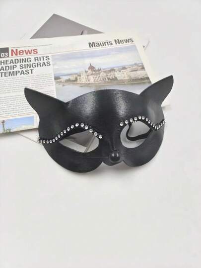 1pc Sexy Black Cat Face Half Mask With Rhinestones, Fashionable Eye Mask Suitable For Festival Performance And Daily Use As A Dressing Prop Halloween