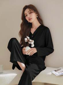 New Arrival Elegant And Simple Lace Trim Long Sleeves Long Pants Silk Pajamas Set For Women - Black - View 3