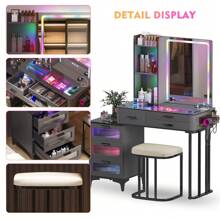 Lvifur Makeup Vanity Table with RGB Lights & Charging Station, Auto Sensor LED Dressing Table with 24 RGB Dimmable Lights, Makeup Desk with Storage Shelves and 6 Drawers