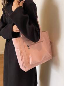 Solid Color Multi-Pocket Shoulder Bag With Large Capacity, Fashionable & Simple Design Ideal For Commute, Travel, School And Shopping - Pink - View 4