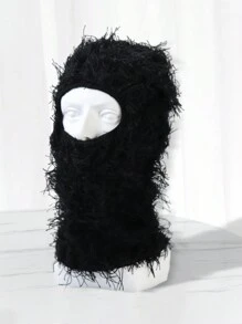 1pc Men's Fashion Jacquard Knit Beanie With Plush Lining, Detachable Face Mask, Suitable For Daily Wear, Skiing And Wind-proof - Black - View 2