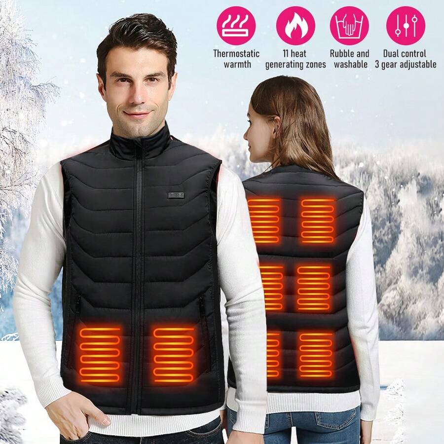 Women/Men's Heated Vest Built-In USB Plug, Electric Heating Vest Thermal Jacket, 380D Nylon Silk, Three-Mode Temperature Control, 11 Heating Zones, Suitable For Winter Skiing - màu đen - Xem 1