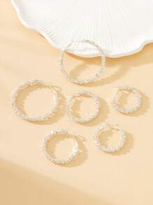 3 Pairs Asymmetrical Gear Shape Hoop Earrings Set In Different Sizes, Minimalist European Style - Silver - View 5