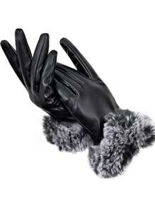 Women's Winter Warm, Thermal Lined, Thickened, Pu Leather Gloves With Touch Screen Function For Party, Outdoor Riding, Motorcycling, Windproof/ Coldproof With Cuff Decoration,Black Gloves - Black - View 6