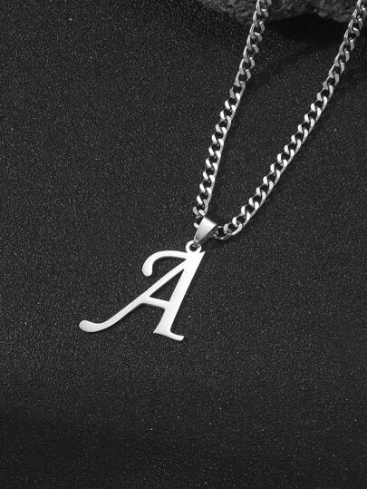 1件时尚不锈钢26字母英文吊坠项链，银色，适合男士日常佩戴