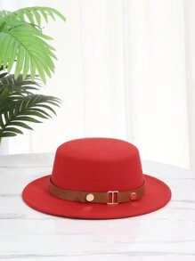 1pc Ladies' Solid Color Pu Decorated Formal Hat, Suitable For Daily Use Or Parties - Red - View 3
