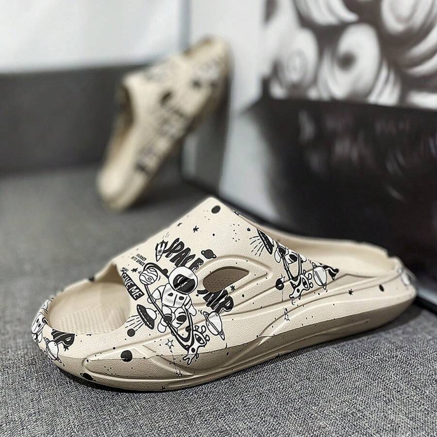 男士太空印花拖鞋,夏日時尚輕便室外浴室防滑家居拖鞋,沙灘涼鞋