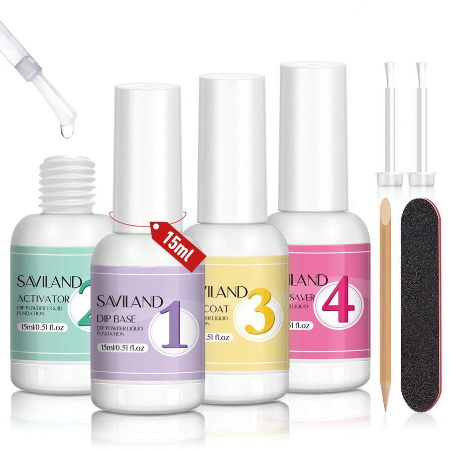 SAVILAND Dip Powder Liquid Set: 4 Pcs Nail Dip Liquid Set With Base Activator Top Coat And Brush Saver 15 Ml/0.5 Fl.Oz Dipping System Essentials No Curing Home Use DIY Salon Art - 無色 - 查看 1