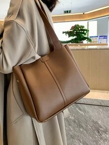 Bolso tote unicolor de gran capacidad de mujeres - Marrón - Ver 9