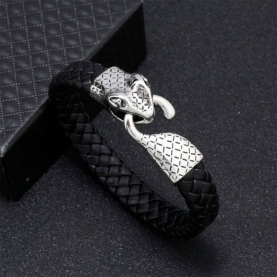 Black Snake Head Biting Tail Buckle Bracelet - Black - View 1