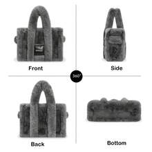 秋冬女式大號手提包柔軟冬季蓬鬆毛絨毛絨頂部提手錢包和手提包帶肩帶(灰色) - 灰色 - 查看 6