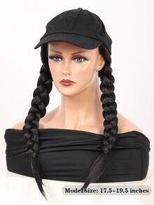 17.5英寸雙編辮綁長黑色雙馬尾合成髮假髮,低雙馬尾造型黑頂帽子假髮,辮子展開後長19.5英寸 - 黑色 - 查看 3