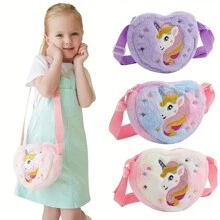 卡通獨角獸兒童單肩包,可愛女孩斜挎包和毛絨心形收納包(顏色隨機)1 件 - 彩色 - 查看 1