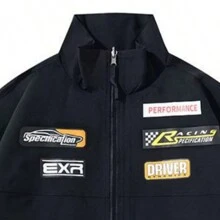 男士寬鬆休閒立領賽車元素印花拼色夾克,有多種口袋、拉鍊、鬆緊帶梭織外套外套運動服男士 - 黑色 - 查看 3