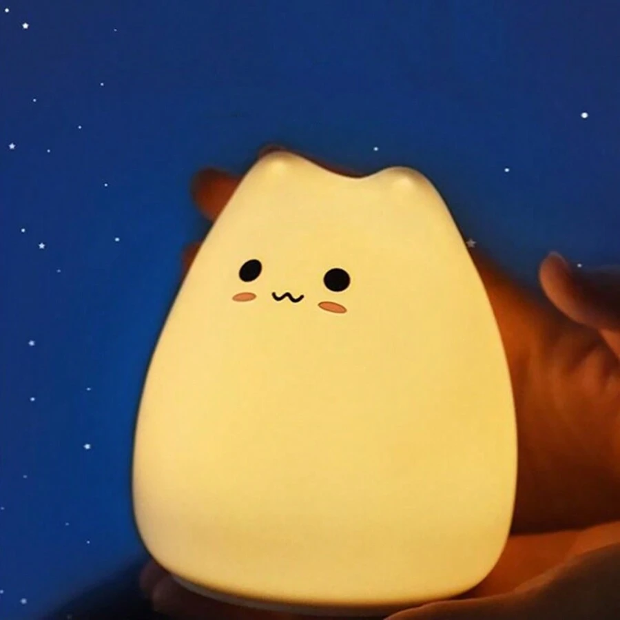 1pc Cartoon Mini Cute Cat Silicone Lamp New Battery Color Color LED Color Changing Color Patting Small Night Light Touch Atmosphere Light - White - View 1