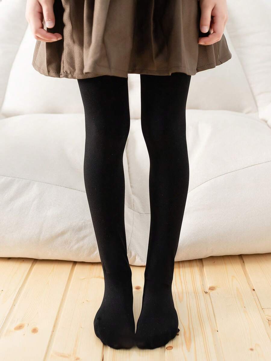 1 件裝 女童加厚天鵝絨舞蹈緊身褲,有腳設計,適合冬季日常穿著 - 黑色 - 查看 1