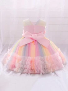 Young Girl Multi-Color Mesh Layered Dress With 3d Flower Decor, Ideal For Birthday Party - Pink - View 2