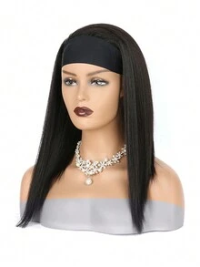 合成材料頭帶假髮短款絲滑直發16-24吋,配有圍巾、耐高溫、自然的頭帶假髮女士專用-棕黑色 - 棕色 - 查看 2