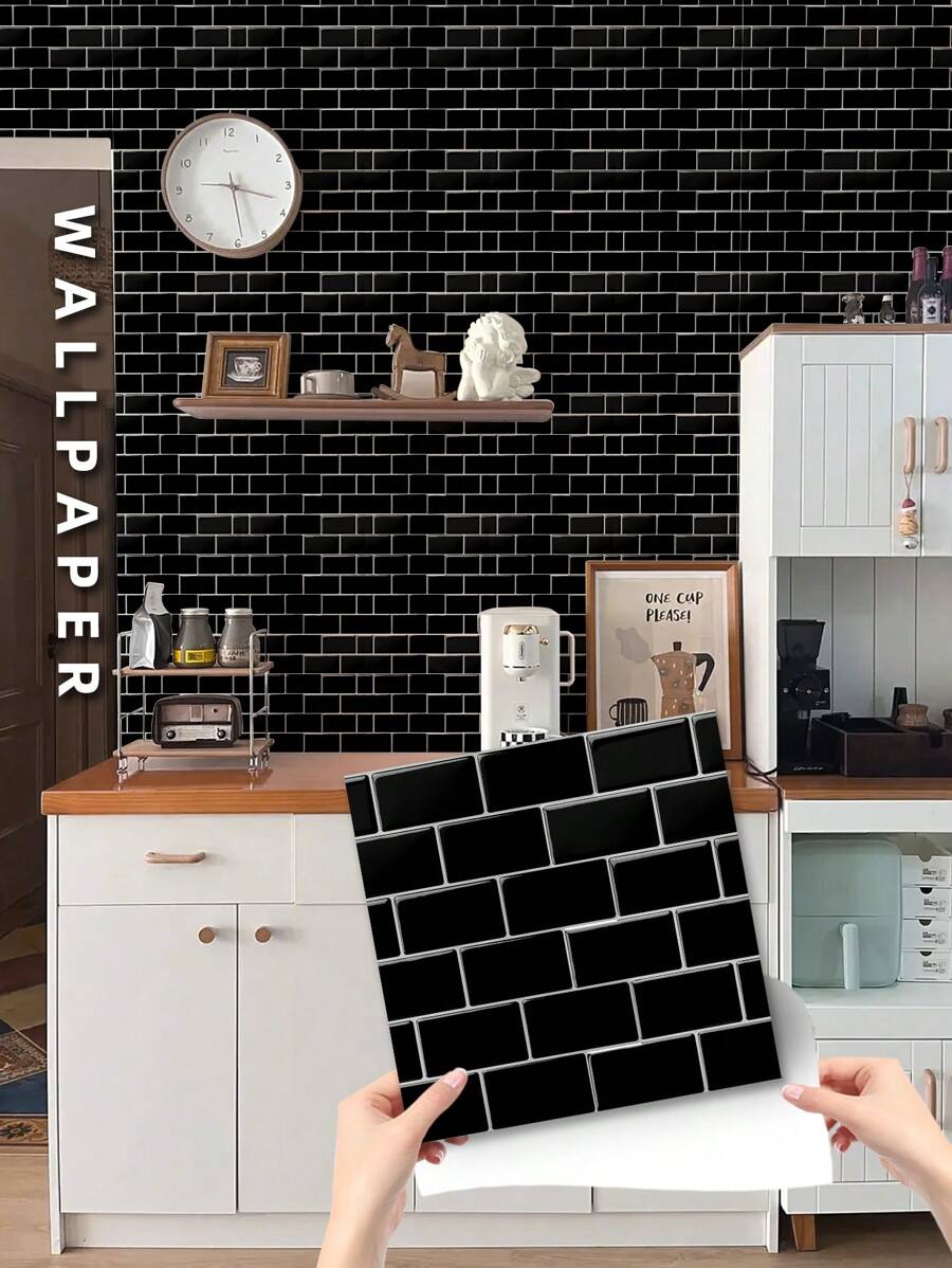 5pcs/pack Pvc Self-adhesive Waterproof Tile Stickers With Texture Patterns For Home Kitchen Bathroom Wall Decoration, Each Size 7.8x7.8 Inches - Black - View 1