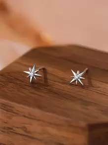 1pair S999 Sterling Silver Cubic Zirconia Eight-pointed Star Design Symmetric Earrings For Women