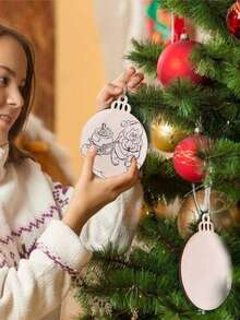 20 件 Diy 木製聖誕裝飾品未完成的預鑽孔木片圓形工藝品圓形中心裝飾品圓盤假日懸掛裝飾品聖誕樹掛球 - 米色 - 查看 6