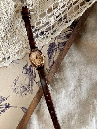 1入歐美復古風女士咖啡棕色皮質錶帶手錶，時尚桶型錶盤鑲有鑽石裝飾，適合日常佩戴、晚宴派對和其他場合裝飾假期