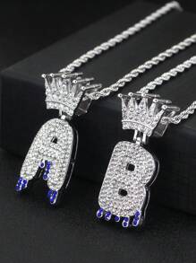 GuoShuang 1pc Unisex New Style Crown & 26 English Letters Pendant Water Drop Shaped Fully Rhinestone Decor Necklace - Silver - View 4