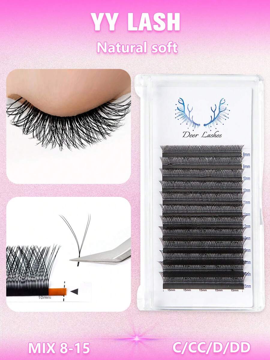 1盒Y形啞光手工編織貂柔軟燈自然YY睫毛延長彩妝網紗網狀交叉魅力鞭打 - 黑色 - 查看 1