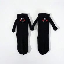 1 Pair Family Style Cartoon Smiling Face Embroidery Hand In Hand Funny Black/white Mid-calf Socks For 1-8 Years Old - Black - View 1