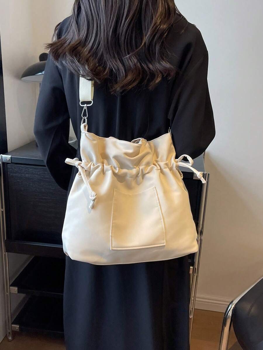 Fashionable Drawstring Design Sling Crossbody Bag - Beige - View 1