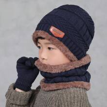 4pcs Kids Winter Hat, Scarf And Gloves Set, Warm Knitted Beanie Cap And Scarf For Children Aged 5-14 - Navy Blue - View 1