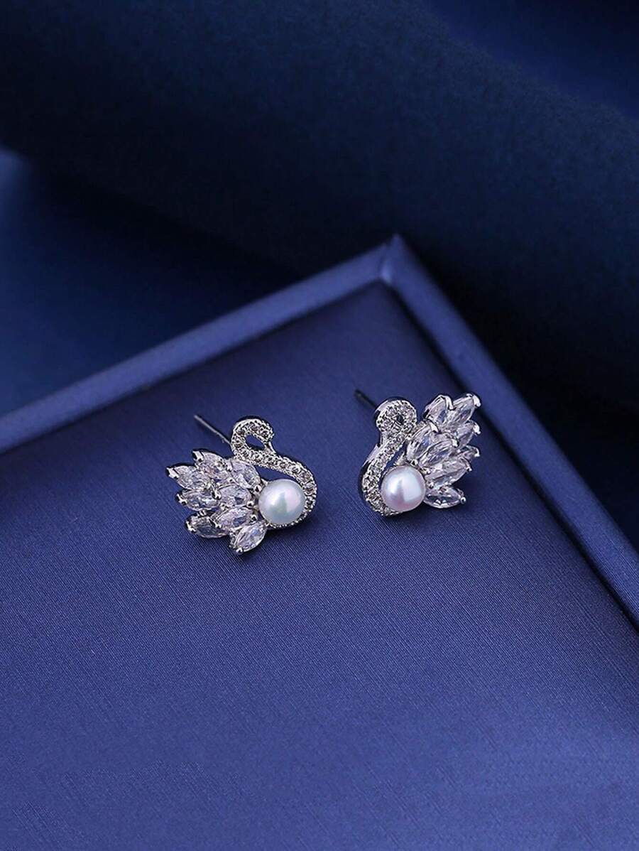 Swan Design Earrings For Women, With Cultured Faux Pearl And Cubic Zirconia Decor, Minimalist Style, S925 Silver Pin - White - View 1