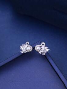 Swan Design Earrings For Women, With Cultured Faux Pearl And Cubic Zirconia Decor, Minimalist Style, S925 Silver Pin - White - View 3