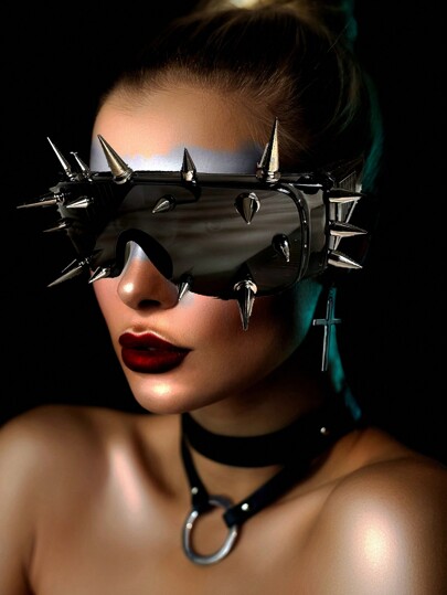 POLASUP 1pc Ladies' Punk Music Festival Marching Gothic Cyberpunk Heavy Metal Style Stud Decorated Costume Party Glasses With Eyeglass Cord Halloween For Summer Beach Vacation,Outdoor,Travel