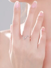 1 pezzo Anello in argento sterling 925 personalizzato a forma di V per donna, gioiello geometrico di nuovo modello, regalo di gioielleria fine - Argento - Visualizzare 2