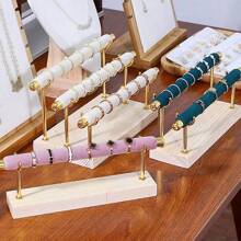 簡約風絲絨階梯狀鏤空造型圓環展示支架帶木頭底座,珠寶收納盒道具適用於裝飾用品 - 白色 - 查看 1