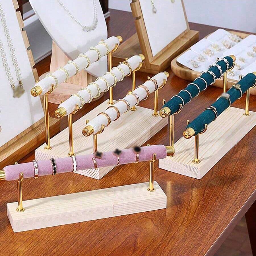 簡約風絲絨階梯狀鏤空造型圓環展示支架帶木頭底座,珠寶收納盒道具適用於裝飾用品 - 白色 - 查看 1