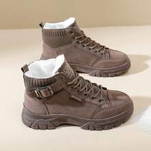 女鞋2023年新款冬季時尚高幫pu皮革雪靴女鞋,溫暖的韓國風全配鞋 - 棕色 - 查看 2