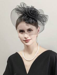 1 件装 女士女孩万圣节花朵面纱网状羽毛头饰 适合派对生日赛马婚礼帽子德比帽带头饰