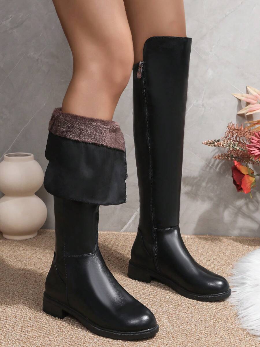 Giày bốt cao đến đầu gối dành cho nữ, thời trang ấm áp mùa đông 2024, giày bốt cao đến giữa bắp chân, có khóa kéo - màu đen - Xem 1